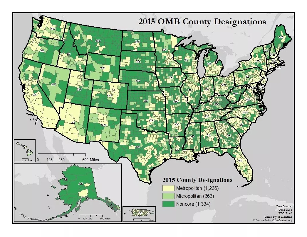 Map of 2015 OMB County Designations showing urban and rural counties across...